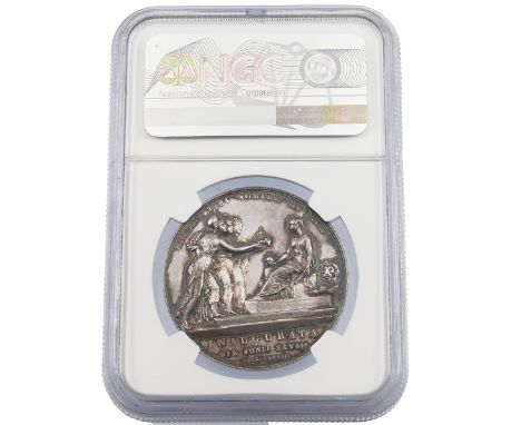 1838 silver official Queen Victoria Coronation medal graded MS 62 by NGC (Eimer 1315, BHM 1801). Obverse: draped portrait of 