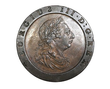 1797 King George III copper 'Cartwheel' Twopence coin struck at the Soho Mint (S 3776). Obverse: small laureate draped bust o