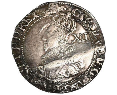 1631-1632 King Charles I Tower mint group C silver Shilling with rose mintmark (S 2787). Obverse: third bust type 2a crowned 
