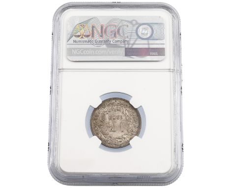 1907-B Switzerland silver One Franc coin from Helvetia standing series graded MS 65 by NGC. Obverse: full-length figure of He