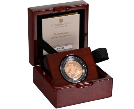 2021 gold proof 'full' Sovereign from The Royal Mint in original box with a numbered certificate of authenticity. Obverse: Jo