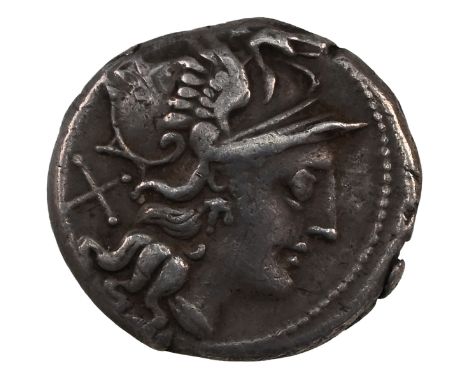 157-155 BC Roman Republic silver Roma Denarius. Obverse: helmeted head of Roma right with 'X' behind. Reverse: Victory drivin