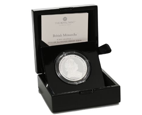 2022 King George I silver proof 2oz coin from The Royal Mint's British Monarchs collection. Obverse: portrait of Her Majesty 