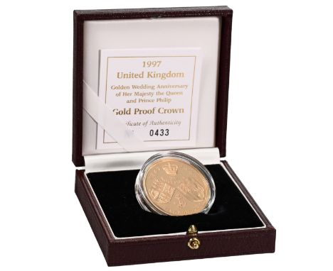 1997 Queen Elizabeth II and Prince Philip Golden Wedding Anniversary gold proof &pound;5 Crown coin. Obverse: a double portra