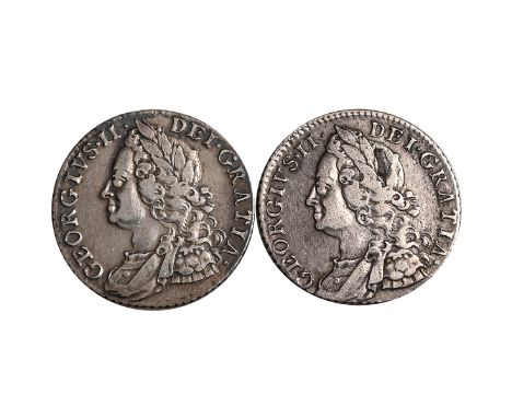 Group of two (2) 1758 King George II silver Shillings, both with old laureate draped bust (S 3704). Obverses: left-facing bus