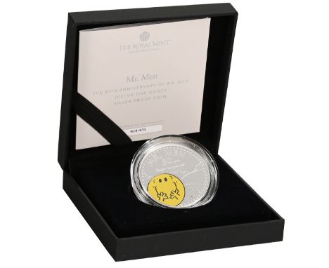2021 Mr Men Mr Happy 1oz silver proof collectors coin from The Royal Mint with colour printed detail. Obverse: fifth official