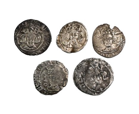 Group of five (5) English hammered silver Pennies. Includes (1) 1279-1307 King Edward I New Coinage type 4c London mint Penny