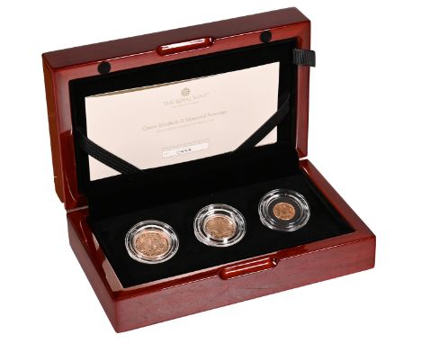 2022 Queen Elizabeth II memorial issue three-coin gold proof Sovereign set from The Royal Mint. Includes 'full' Sovereign, Ha