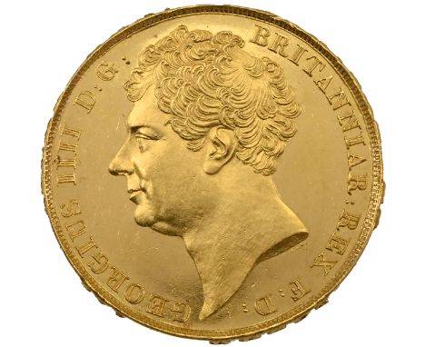 1823 King George IV gold Double Sovereign/Two Pound coin with inscribed edge (MCE 470, S 3798). Obverse: bare head portrait o