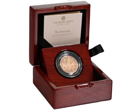 2022 Royal Mint Platinum Jubilee gold proof Sovereign in original box with a numbered COA. Obverse: Jody Clark's portrait of 