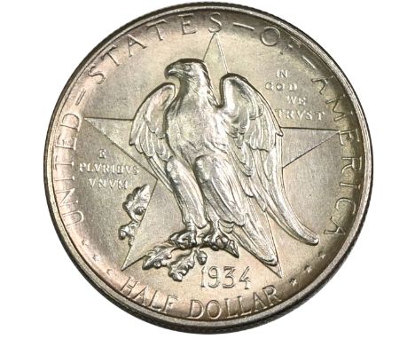 1934 United States Texas Independence Centennial Half Dollar Philadelphia mint silver coin. Obverse: American eagle in front 