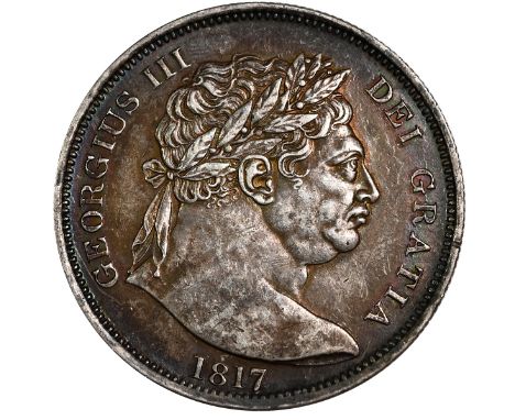 1817 King George III silver Halfcrown coin with Benedetto Pistrucci 'Bull Head' portrait (S 3788, ESC 616). Obverse: large la
