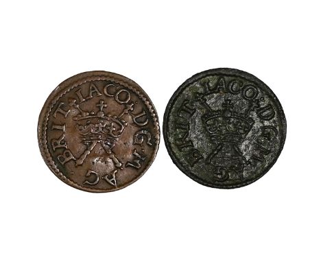 Group of two (2) 1616-1621 James I Harrington type 2 copper Farthings with reverse mintmarks (S 2676). Includes (1) Farthing 