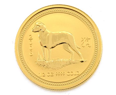2006 Perth Mint Australia Lunar Calendar Year of the Dog 1/2oz gold uncirculated bullion $50 coin. Obverse: portrait of Queen