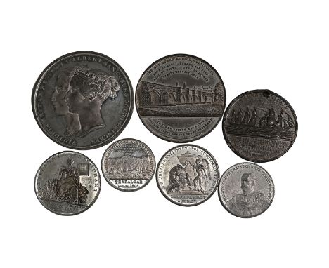 Group of seven (7) white metal medals from the 19th and early 20th century. Includes (1) 1827 Prime Minister George Canning m