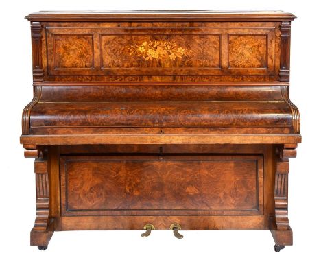 A walnut and inlaid upright piano, W R Yates &amp; Sons&nbsp;London,&nbsp;late 19th c, 140cm l    Lacking candle branches but