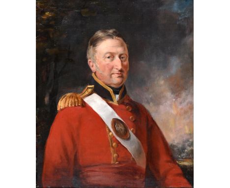 English School, early 19th century ‘ Portrait of an Officer, bust length in a red tunic with gold facings, epaulettes and whi