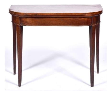 A George&nbsp;III mahogany and line inlaid card table, c1800, of D shape and line inlaid on square tapered legs, 75cm h; 45 x