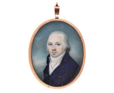 John Jukes (1772-1831) - Portrait Miniature of a Gentleman, with powdered hair, in a blue coat and white stock, sky backgroun