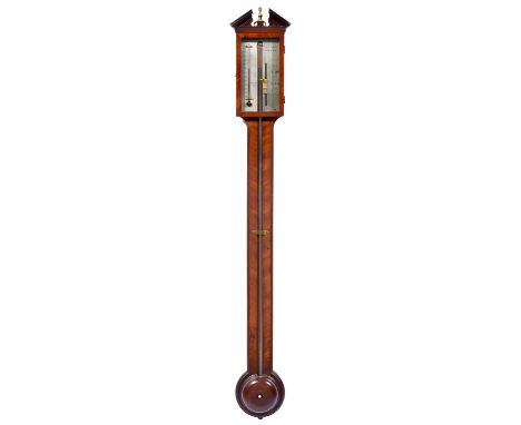 An English mahogany exposed tube stick or cistern barometer, Whitehurst Derby, early 19th century, the silvered register with