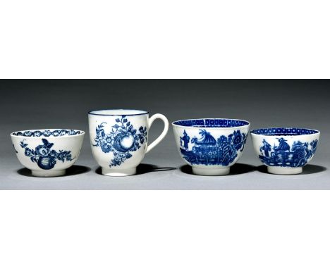 A Caughley tea bowl and coffee cup and two Worcester tea bowls, c1780-90, transfer printed in underglaze blue with the Fisher