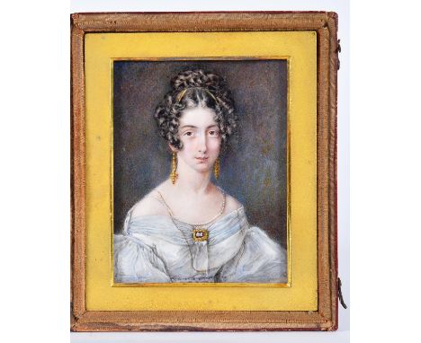 J or T Wheeler (fl. 1817-45) - Portrait miniature of a Lady, her dark hair in ringlets, with gold earrings and wearing a deco