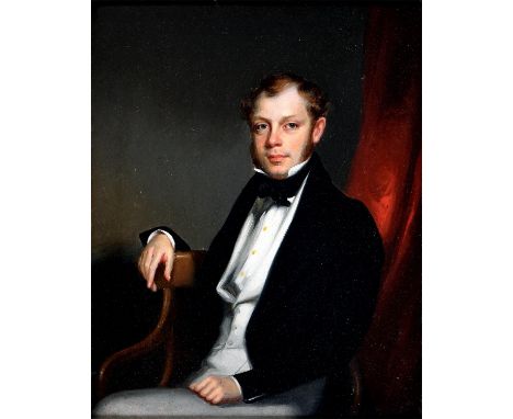 English School, 19th century ‘ Portrait of a Gentleman, seated half-length in black coat and stock and grey trousers, before 