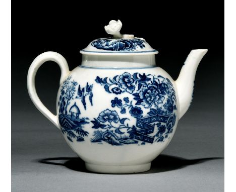 A Caughley teapot and cover, c1777-90,&nbsp;transfer printed in underglaze blue with the Fence pattern,&nbsp;12.5cm h  Proven