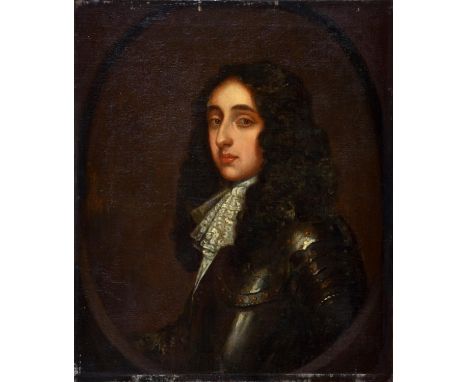 Follower of Gerrit van Honthorst - Portrait of Prince Rupert, Count Palatine, bust length in armour and lace jabot, feigned o