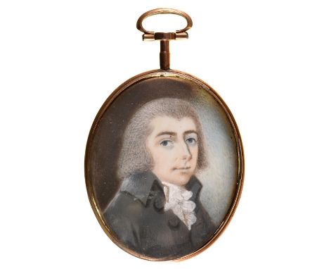 English&nbsp;School, c1780 - Portrait Miniature of a Gentleman, with powdered light grey hair, grey coat and white stock, sha