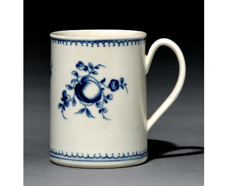 A Worcester mug, c1780, painted in underglaze blue with the Fruit Sprays pattern, 85mm h, crescent  Provenance: Sold in these