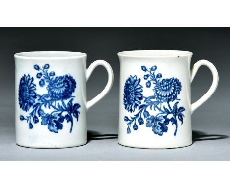 Two Worcester mugs, c1770, transfer printed in underglaze blue with the Natural Sprays Group pattern, 85mm h, crescent  Prove