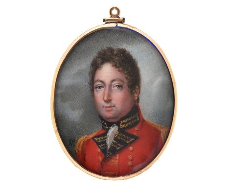 English&nbsp;School, early 19th c - Portrait Miniature of an Officer, with dark brown hair, in scarlet tunic with dark blue l