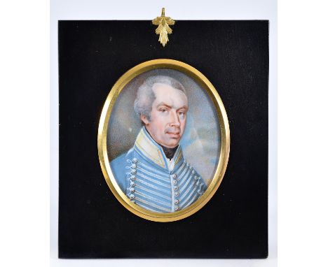 English&nbsp;School, 19th c - Portrait Miniature of an Officer,&nbsp;in blue tunic with silver lace, sky background, oval, 90