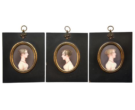 J T Mitchell (fl. 1798-1830) - Portrait Miniatures of Three Young Ladies of the Gilbert Family, in profile, in similar white 