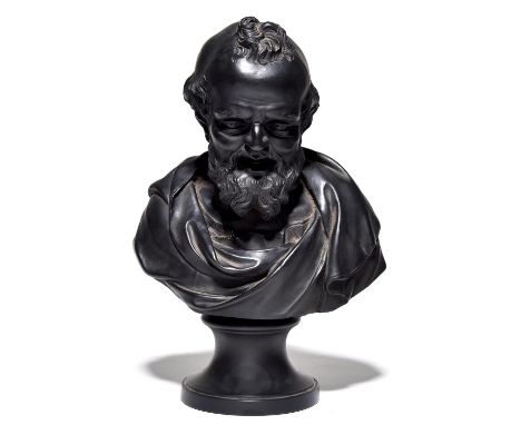 A Wedgwood black basalt library bust of Democritus, C1800, on socle, 38cm h, impressed mark and title&nbsp;DEMOCRITUS  The bu