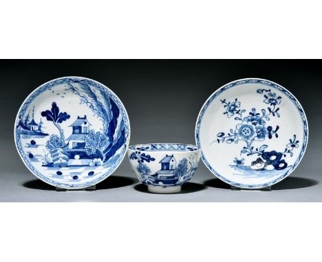 Two Lowestoft saucers and a tea bowl, one saucer c1775-80, the others c1785-90, painted in underglaze blue with Chinese plant