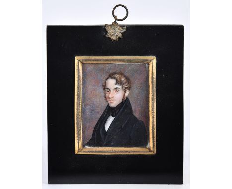 English School, early 19th c - Portrait Miniature of a Gentleman, bust length in black stock and coat, 76 x 60cm, papier mach