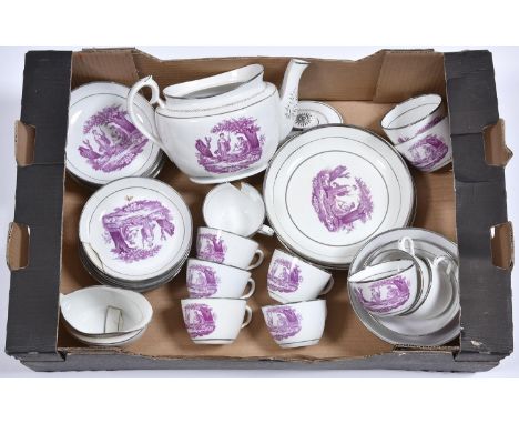 An English porcelain tea service, 'Z' Class, c1800, with bright purple bat prints and silver lustre borders, 15.5cm h (29) Pr
