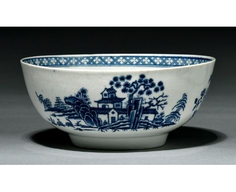 A Worcester bowl, c1765, transfer printed in underglaze blue with the Plantation Print pattern, 19cm diam, hatched crescent  