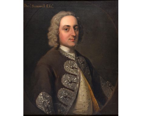 Phillip Mercier (1689-1760) ‘ Portrait of Thomas Samwell,&nbsp;half length in a green coat with silver brocade facings, feign