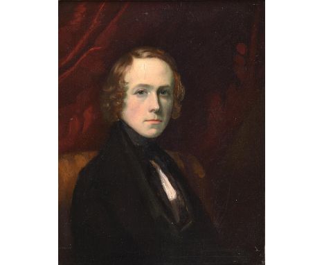 British School, 19th century ‘ Portrait of a Man, seated half length in a black coat and black stock before drapery, oil on p