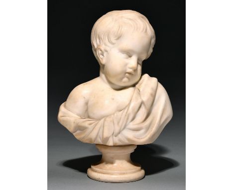 English School, early 19th century - Portrait bust of a Child, statuary marble on socle, 37cm high  Provenance: sold in these