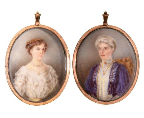 John Newman&nbsp;Holroyd&nbsp;RBA (1881-1954) - Portrait Miniatures of Ladies,&nbsp;both seated half length, each in a white 