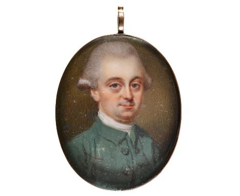 English&nbsp;School, 18th c - Portrait Miniature of a Man called Oliver Goldsmith, with powdered hair, in a green coat and wh