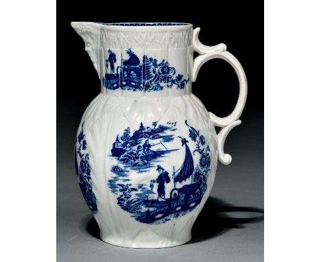 A Caughley cabbage leaf-moulded mask jug, c1785, transfer printed in underglaze blue with the Fisherman and Cormorant pattern