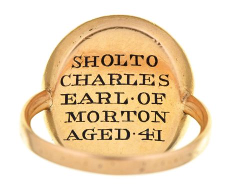 A gold and enamel mourning ring, 1774,&nbsp;inset with hair, the reverse enamelled in black SHOLTO CHARLES EARL OF MORTON AGE