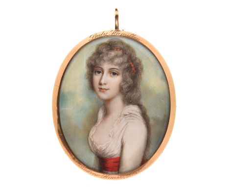Andrew Plimer (1763-1837) - Portrait Miniature of Emma Lady Hamilton, in white dress with red waist band and coral beads in h