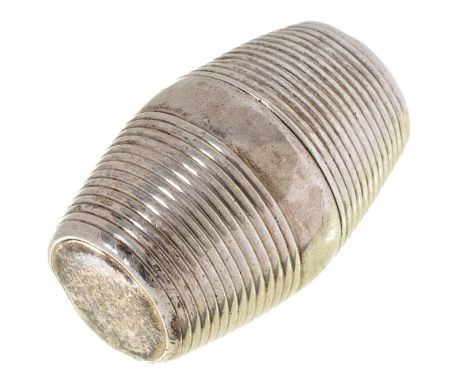 A George&nbsp;III silver nutmeg grater,&nbsp;of reeded barrel shape, steel rasp, 40mm h, maker IS, London 1796, 12dwts    Lig