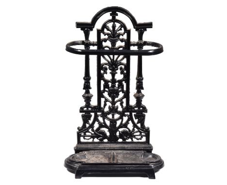 A cast iron stick stand, 20th century, in Victorian style, detachable drip tray, 51cm high    Black painted; good condition